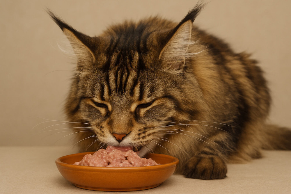 Maine coon macska etetése tálból