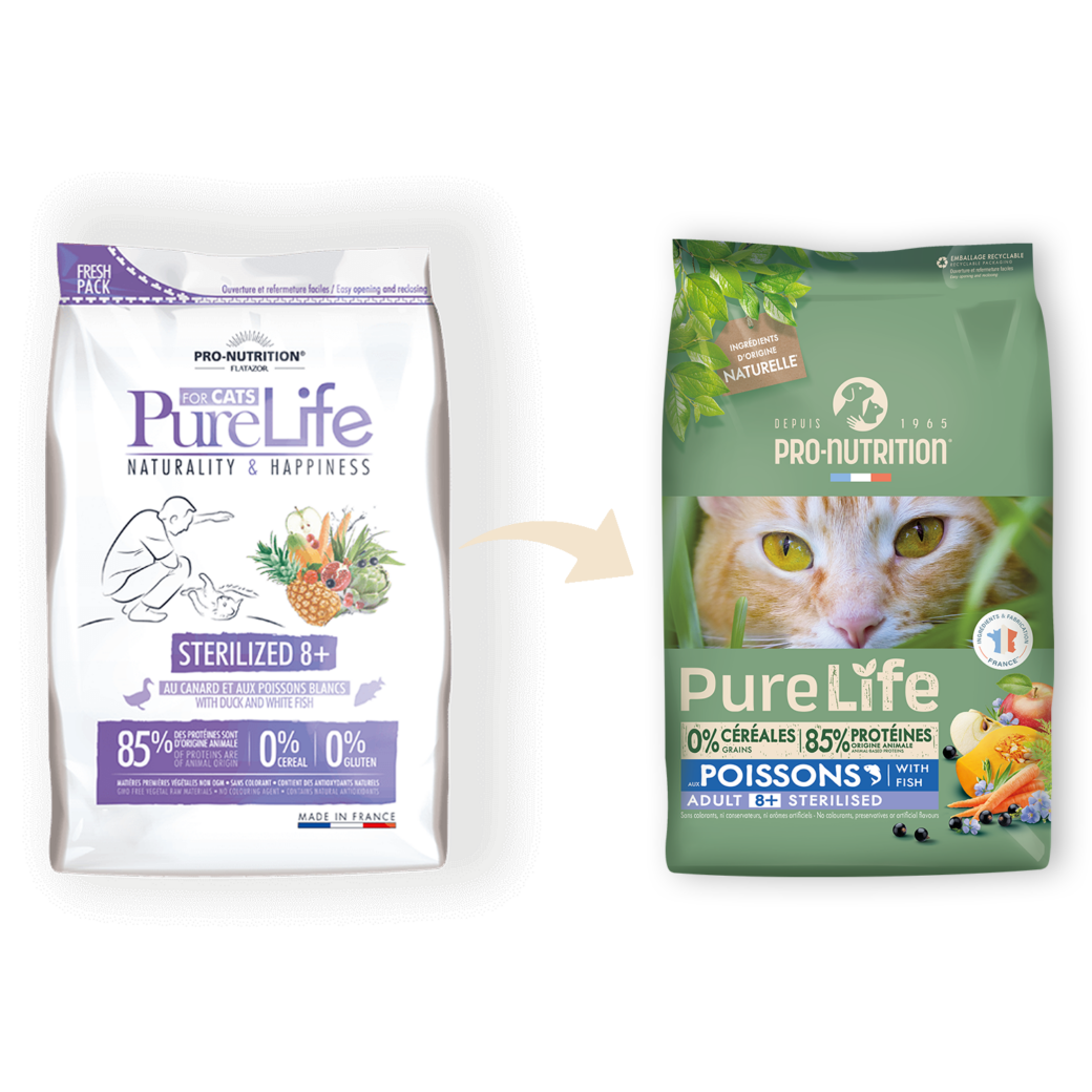 Pro-Nutrition PureLife Cat Sterilized 8+ (8kg, kacsával és fehér hallal)